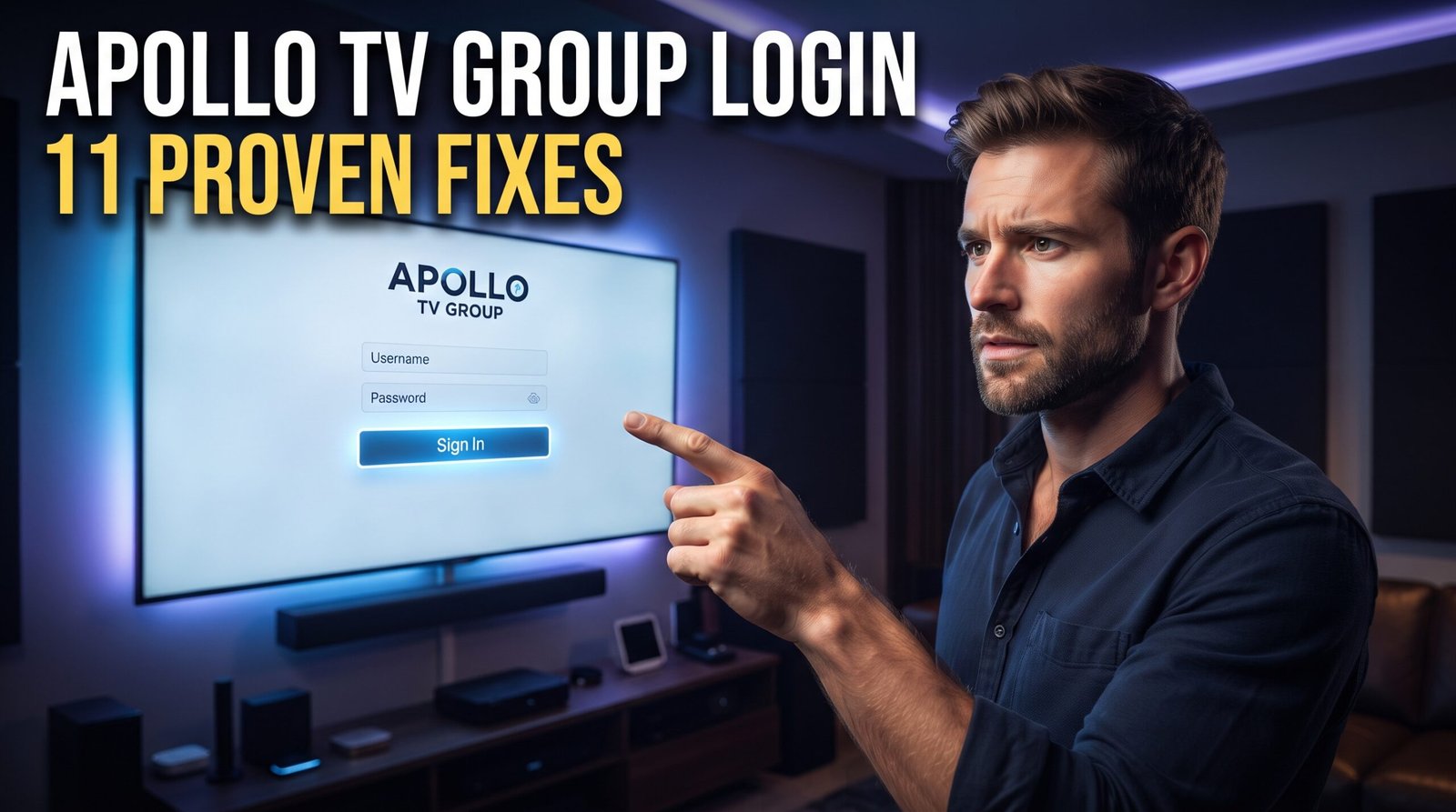 Apollo TV Group Login: 11 Proven Access Fixes Man_pointing_at_TV_screen_202608280526