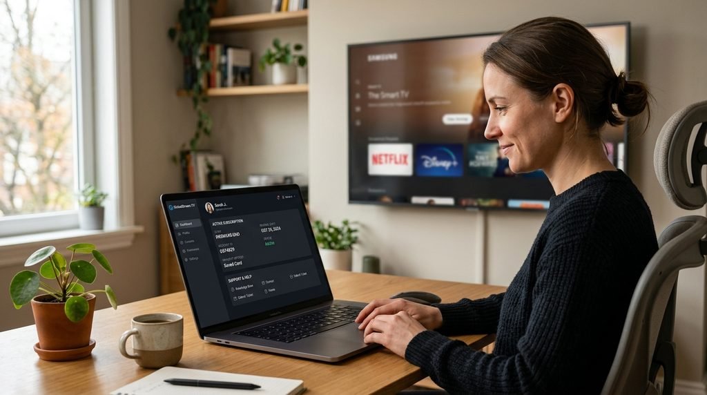 Customer reviewing an Apollo Group TV client portal account on a laptop