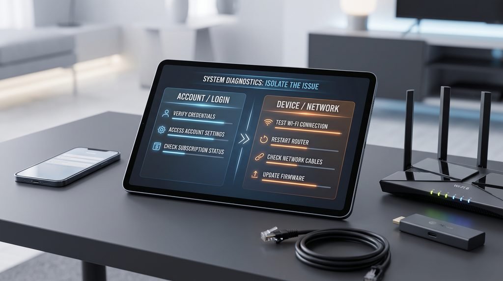 Apollo Group TV support triage paths for account, device, network, and stream issues